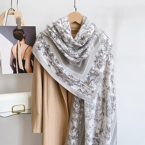 Vintage Chinese Style Bamboo Print Polyester Scarf For Women Long Lightweight Windproof Shawl Wrap Printed Fashion Accessory