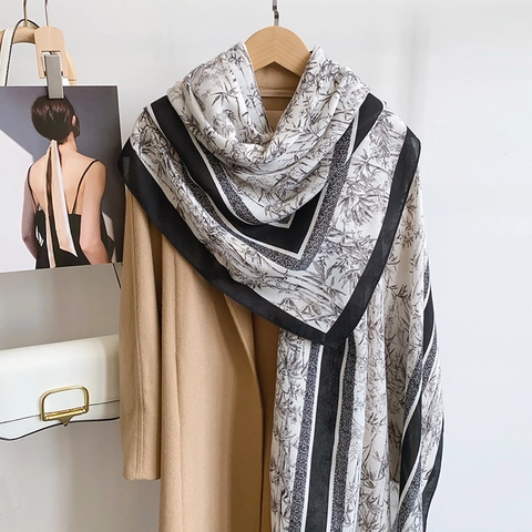 Vintage Chinese Style Bamboo Print Polyester Scarf For Women Long Lightweight Windproof Shawl Wrap Printed Fashion Accessory