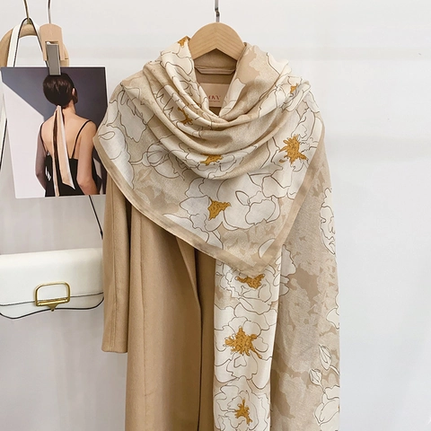 Elegante Polyester Sjaal Met Rozenprint Voor Dames Retro Pastorale Stijl Grote Winter Warme Omslagdoek Casual Herfst Accessoires