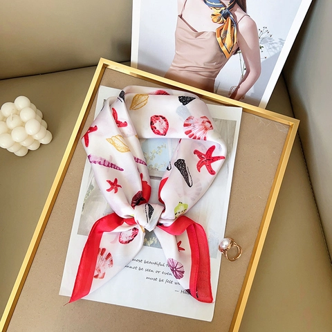 Pañuelo Cuadrado de Satén Elegante para Mujer Tema Océano Estampado de Estrella de Mar Concha Pañoleta Ligera Sedosa Bandana