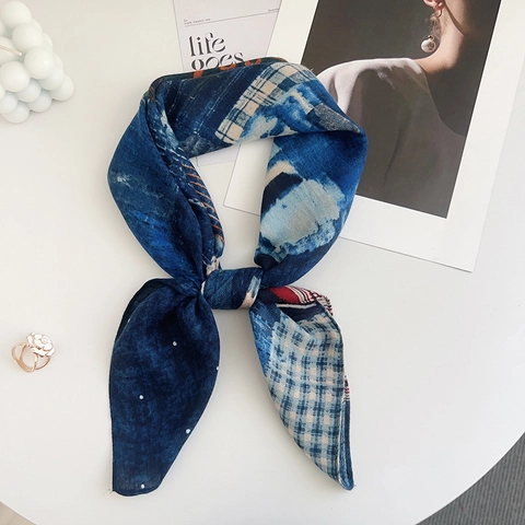 Foulard a Quadretti Patchwork Stampato in Raso da Donna Elegante Sciarpa Quadrata Piccola con Motivo Geometrico a Pois