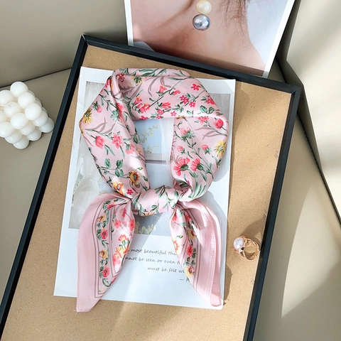 Women Floral Square Scarf Faux Satin Neck Head Wrap Hair Band Vintage French Elegant Decorative Scarf Bandana For Ladies Accessories