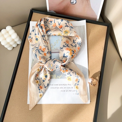 Women Floral Square Scarf Faux Satin Neck Head Wrap Hair Band Vintage French Elegant Decorative Scarf Bandana For Ladies Accessories