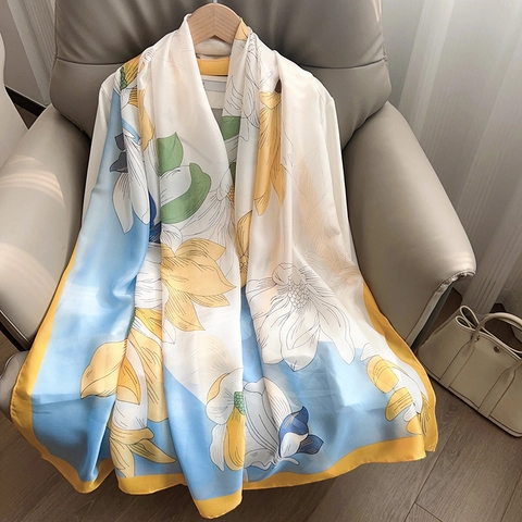 Eleganter Satin-Schal mit Magnolienblüten-Druck für Damen Großer Sonnenschutz-Schal Polyester Langer Leichter Wickelschal