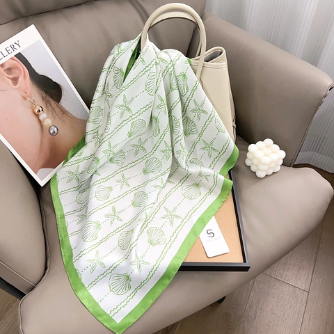 Damen Elegant Ozean Thema Seestern Muschel Bedruckt Satin Quadratisches Tuch Seidengefühl Haar Bandana Hals Kopftuch Für Tägliche Dekoration