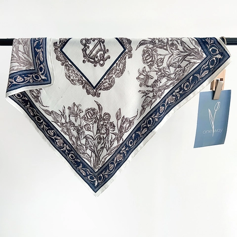 Foulard Carré Vintage Imprimé Floral à Chevrons pour Femmes Léger en Polyester Bandana Mince Élégant Style Français Décoratif Cheveux Cou