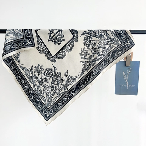Foulard Carré Vintage Imprimé Floral à Chevrons pour Femmes Léger en Polyester Bandana Mince Élégant Style Français Décoratif Cheveux Cou