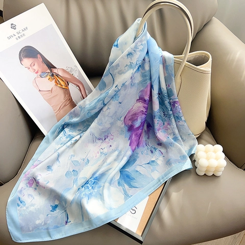 Elegant Floral Print Polyester Satin Square Scarf Korean Style Lightweight Headscarf Neckerchief For Women Shawl Accessory