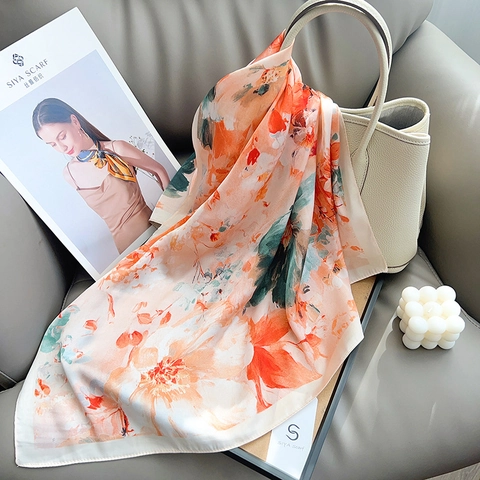 Elegant Floral Print Polyester Satin Square Scarf Korean Style Lightweight Headscarf Neckerchief For Women Shawl Accessory