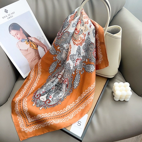 Women Elegant Paisley Printed Satin Square Scarf Vintage Bandana Headwrap Decorative Shawl For Daily Party Vacation