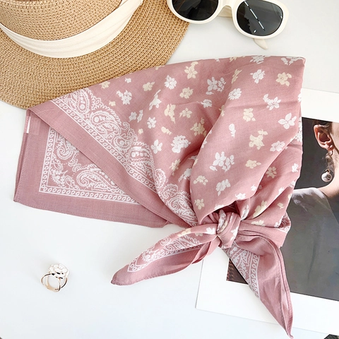 Women Floral Paisley Print Cotton Square Scarf Elegant Pastoral Style Head Neck Bandana Scarf Soft Decorative Accessory