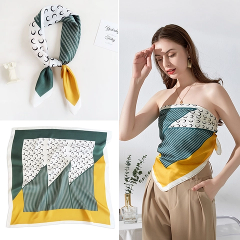 Elegant Satin Square Scarf For Women Retro Crescent Moon Geometric Print Neck Scarf Fashion Headband Accessory Gift