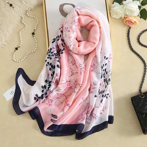 Women Floral Printed Faux Silk Scarf Long Polyester Satin Sun Protection Beach Shawl Lightweight Elegant Sweet Gradient Wrap