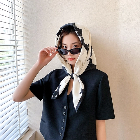 Women Elegant Floral Print Square Scarf Polyester Satin Feel Head Wrap Hair Accessory Chic Large Neck Kerchief Simple Botanical Design
