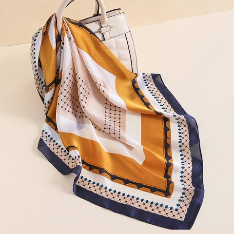 Foulard Quadrato Minimalista in Raso Stampato a Blocchi di Colore Geometrico per Donna Sciarpa Decorativa Simil Seta