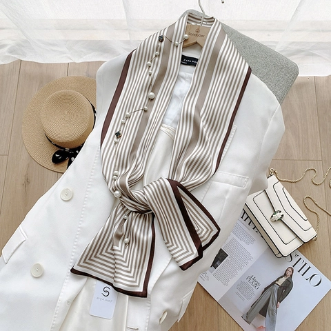 Elegant Striped Polyester Satin Scarf For Women With Artificial Pearl And Clover Pendant French Style Neck Wrap Hair Band