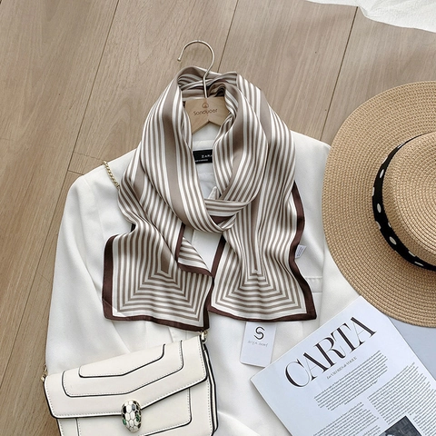 Elegant Striped Polyester Satin Scarf For Women With Artificial Pearl And Clover Pendant French Style Neck Wrap Hair Band