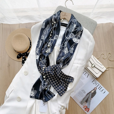 Mode Damen Schmaler Langer Schal Elegant Polyester Bedruckter Halsschal Französischer Stil Haarband Haarschmuck Für Den Alltag