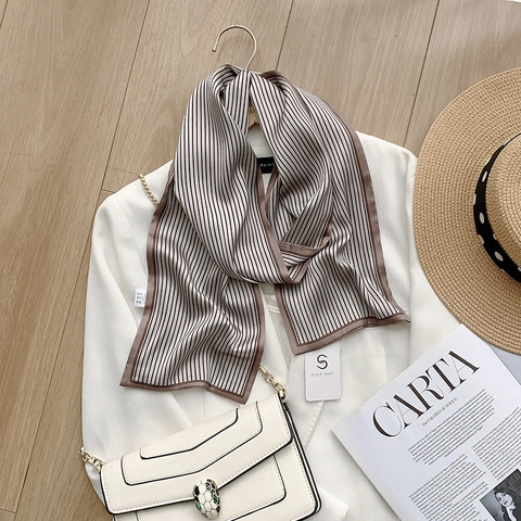 Elegant Women Satin Scarf Striped Geometric Print Narrow Double Layer Neck Tie Fashion Polyester Silk Feel Decorative Scarf