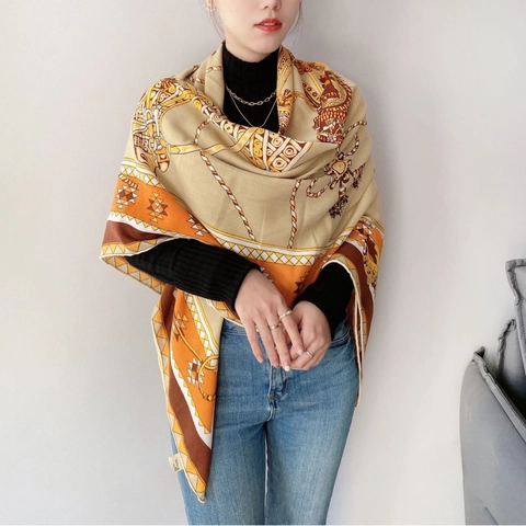 Women's Herringbone Polyester Large Square Scarf Elegant Retro Equestrian Chain Printed Shawl Fashion Silk Feel Wrap