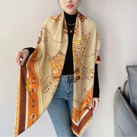 Women's Herringbone Polyester Large Square Scarf Elegant Retro Equestrian Chain Printed Shawl Fashion Silk Feel Wrap