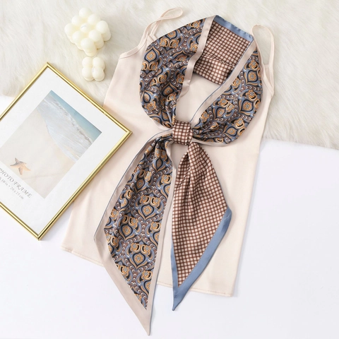 Vintage Elegant Paisley Plaid Patchwork Twilly Scarf For Women Faux Satin Skinny Neck Scarf Bag Handle Wrap Hair Band Accessory