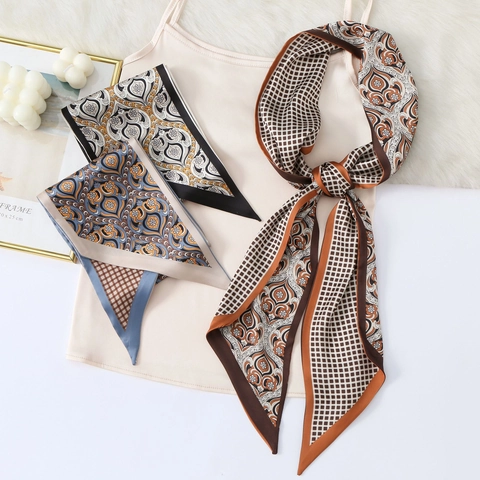 Vintage Elegant Paisley Plaid Patchwork Twilly Scarf For Women Faux Satin Skinny Neck Scarf Bag Handle Wrap Hair Band Accessory