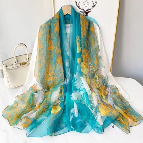 Elegant Chiffon Floral Scarf Large Soft Shawl For Women Summer Sun Protection Light Breathable Wrap Oil Painting Style Scarf