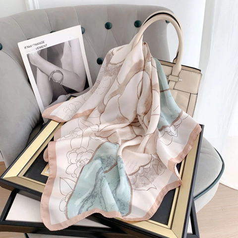 Elegant Camellia Print Small Square Scarf For Women Polyester Satin Feel Chiffon Neck Head Hair Scarf Fashion Floral Accessory