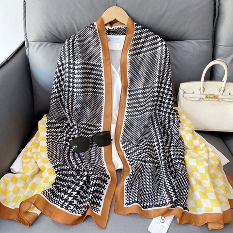 Retro Hahnentritt Schaakbord Patchwork Sjaal Voor Dames Lichtgewicht Polyester Zonbescherming Stranddoek Mode Sjaal Lange Sjaal