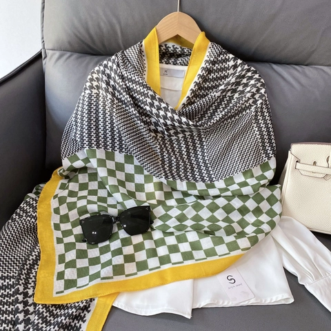 Retro Hahnentritt Schaakbord Patchwork Sjaal Voor Dames Lichtgewicht Polyester Zonbescherming Stranddoek Mode Sjaal Lange Sjaal