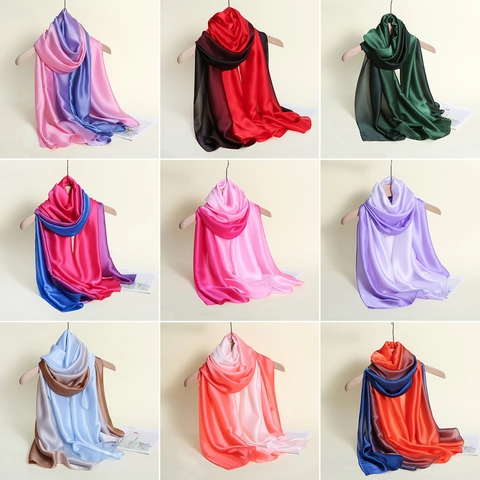 Women's Gradient Color Long Satin Scarf Elegant Silk Feeling Wrap Shawl Printed Polyester Lightweight Headscarf Fashion Accessories