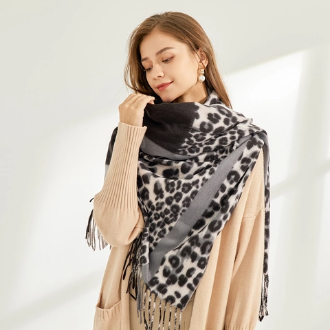 Luipaardprint Kleurblok Sjaal Voor Dames Winter Warm Imitatie Kasjmier Pashmina Omslagdoek Zachte Lange Sjaal Met Kwastjes