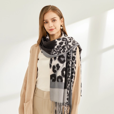 Luipaardprint Kleurblok Sjaal Voor Dames Winter Warm Imitatie Kasjmier Pashmina Omslagdoek Zachte Lange Sjaal Met Kwastjes