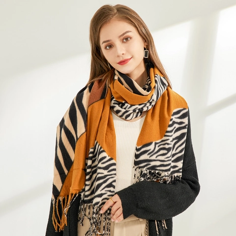 Mode Zebra Print Kleurblok Omslagdoek Sjaal Voor Vrouwen Dik Warm Kasjmier Achter Kwastje Wikkel Voor Herfst Winter