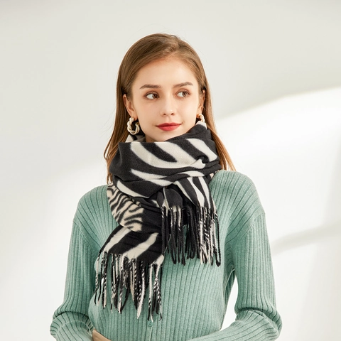 Mode Zebra Print Kleurblok Omslagdoek Sjaal Voor Vrouwen Dik Warm Kasjmier Achter Kwastje Wikkel Voor Herfst Winter