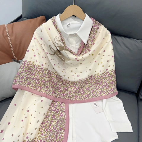 Retro Paardenkoets Print Sjaal Elegant Bloemen Dames Lichtgewicht Polyester Omslagdoek Decoratieve Pashmina Voor Herfst