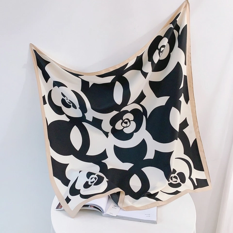 Elegant Camellia Pattern Satin Square Scarf For Women Printed Silk Feeling Headscarf Fashion Large Shawl Neck Scarf Accessory
