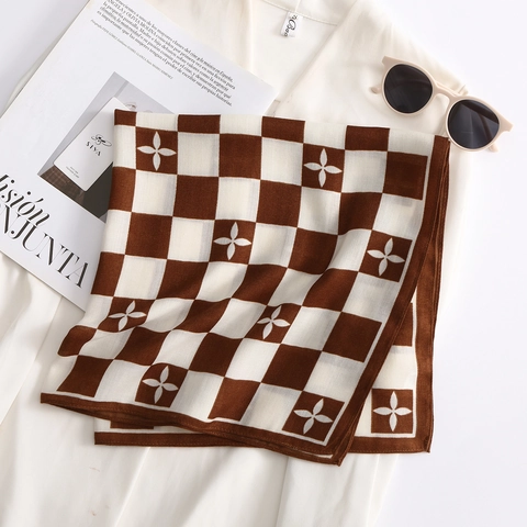 Vintage French Checkerboard Floral Print Square Scarf Elegant Herringbone Pattern Polyester Satin Neck Head Scarf For Women