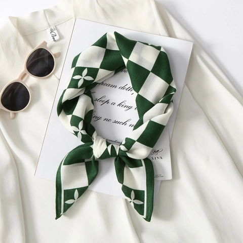 Vintage French Checkerboard Floral Print Square Scarf Elegant Herringbone Pattern Polyester Satin Neck Head Scarf For Women