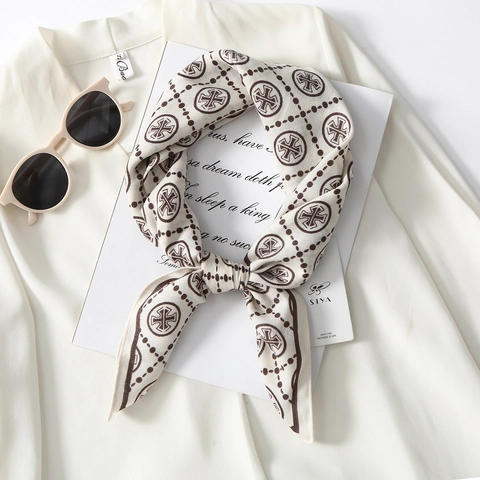 Women Fashion Printed Square Scarf Elegant Satin Feel Neck Scarf Vintage Cross Pattern Lightweight Decorative Shawl Headwrap