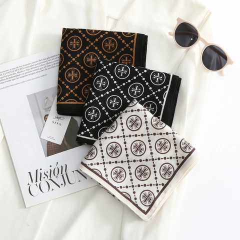 Women Fashion Printed Square Scarf Elegant Satin Feel Neck Scarf Vintage Cross Pattern Lightweight Decorative Shawl Headwrap