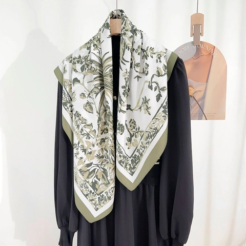 Dames Elegante Grote Vierkante Satijnen Sjaal Vintage Bloemenprint Shawl Mode Halssjaal Haar Wrap Hoofddoek Voor Dagelijks Kantoor Accessoire