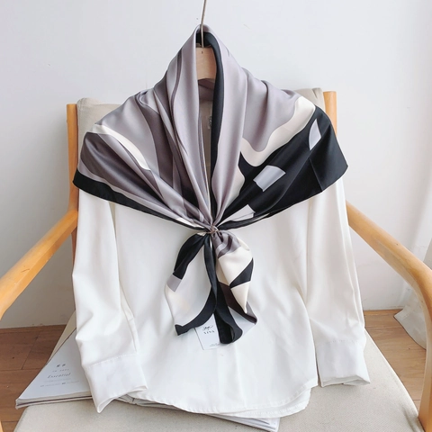 Women Fashion Elegant Large Square Scarf Polyester Satin Abstract Geometric Printed Shawl Lightweight Commuting Beach Wrap For Lady