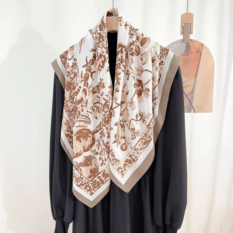 Dames Elegante Grote Vierkante Satijnen Sjaal Vintage Bloemenprint Shawl Mode Halssjaal Haar Wrap Hoofddoek Voor Dagelijks Kantoor Accessoire