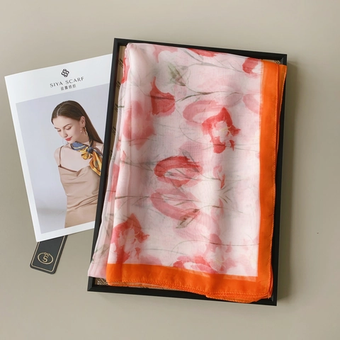 Women's Elegant Floral Print Scarf Lightweight Chiffon Shawl For Beach Sun Protection Fashion Polyester Long Scarf Accessory