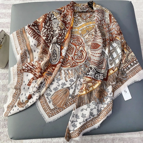 Elegant Western Luxury Printed Large Square Scarf Women Soft Polyester Horse Harness Pattern Shawl With Frayed Edges