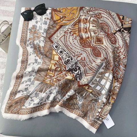 Elegant Western Luxury Printed Large Square Scarf Women Soft Polyester Horse Harness Pattern Shawl With Frayed Edges