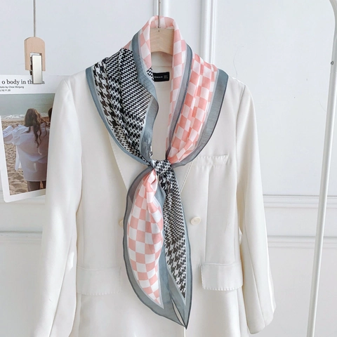 Elegante Satijn-imitatie Sjaal met Hahnentritt en Schaakbord Patroon voor Dames Dunne Polyester Halstuch Zakelijke Forens