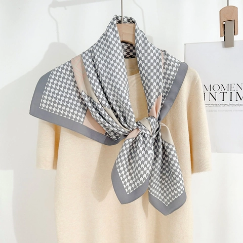 Womens Satin Square Scarf Houndstooth Geometric Print Fashion Neck Scarf Large Bandana Hair Accessory For Office Commute Ladies